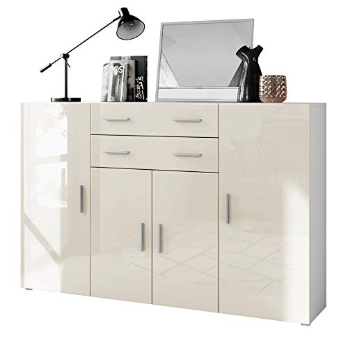 Vladon, Vladon Highboard Aron Sideboard with 8 Compartments and 2 Drawers, Carcass in White matt, Fronts in Cream High Gloss