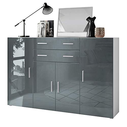 Vladon, Vladon Highboard Aron Sideboard with 8 Compartments and 2 Drawers, Carcass in White matt, Fronts in Grey High Gloss