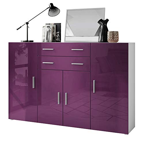Vladon, Vladon Highboard Aron Sideboard with 8 Compartments and 2 Drawers, Carcass in White matt, Fronts in Raspberry High Gloss