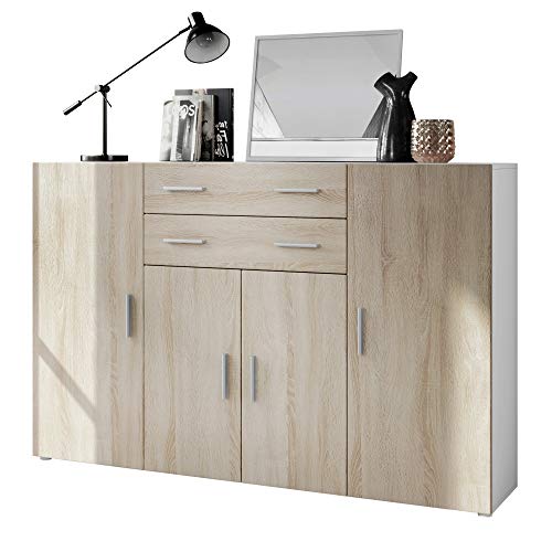Vladon, Vladon Highboard Aron Sideboard with 8 Compartments and 2 Drawers, Carcass in White matt, Fronts in Rough-sawn Oak