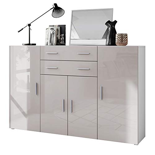 Vladon, Vladon Highboard Aron Sideboard with 8 Compartments and 2 Drawers, Carcass in White matt, Fronts in Sand grey High Gloss
