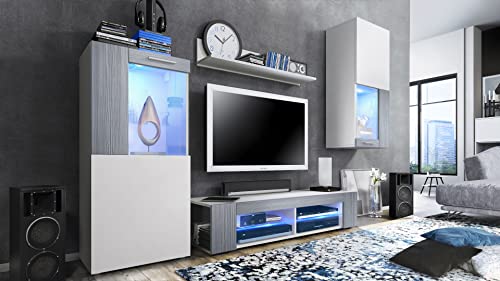 Vladon, Vladon Movie Living Room Set, Wall Unit with 1 TV Unit, 2 Display Cabinets and 1 Shelf, White matt/White matt/Avola-Anthracite