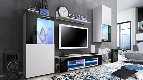 Vladon, Vladon Movie Living Room Set, Wall Unit with 1 TV Unit, 2 Display Cabinets and 1 Shelf, White matt/White matt/Black High Gloss