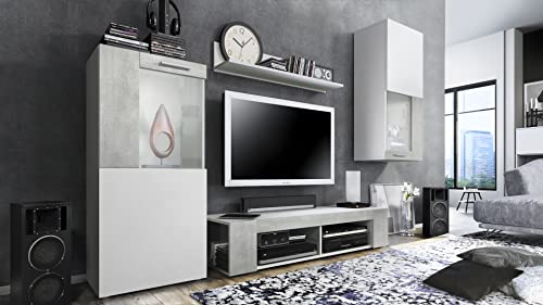Vladon, Vladon Movie Living Room Set, Wall Unit with 1 TV Unit, 2 Display Cabinets and 1 Shelf, White matt/White matt/Concrete Grey Oxide