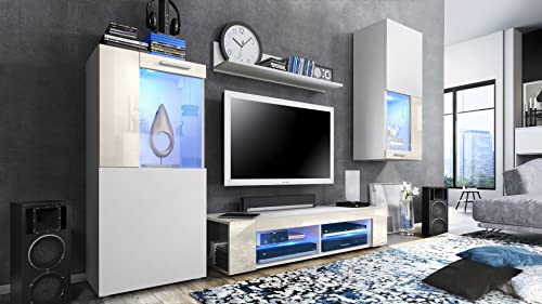 Vladon, Vladon Movie Living Room Set, Wall Unit with 1 TV Unit, 2 Display Cabinets and 1 Shelf, White matt/White matt/Cream High Gloss