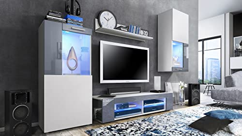 Vladon, Vladon Movie Living Room Set, Wall Unit with 1 TV Unit, 2 Display Cabinets and 1 Shelf, White matt/White matt/Grey High Gloss