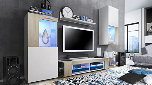 Vladon, Vladon Movie Living Room Set, Wall Unit with 1 TV Unit, 2 Display Cabinets and 1 Shelf, White matt/White matt/Rough-sawn Oak
