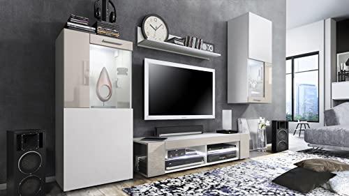 Vladon, Vladon Movie Living Room Set, Wall Unit with 1 TV Unit, 2 Display Cabinets and 1 Shelf, White matt/White matt/Sand grey High Gloss