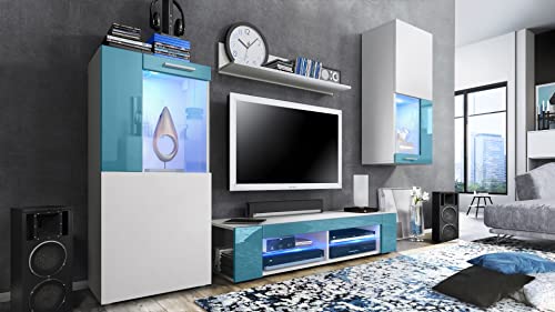 Vladon, Vladon Movie Living Room Set, Wall Unit with 1 TV Unit, 2 Display Cabinets and 1 Shelf, White matt/White matt/Teal High Gloss
