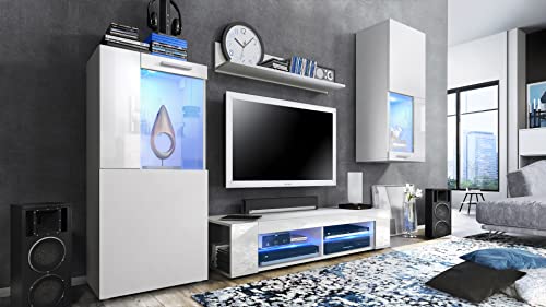 Vladon, Vladon Movie Living Room Set, Wall Unit with 1 TV Unit, 2 Display Cabinets and 1 Shelf, White matt/White matt/White High Gloss