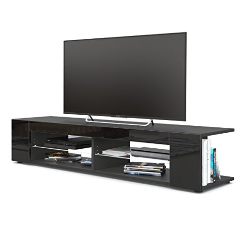 Vladon, Vladon Movie Lowboard, TV Unit with 4 Open Compartments and Panels, Black matt/Black High Gloss (134 x 29 x 39 cm)