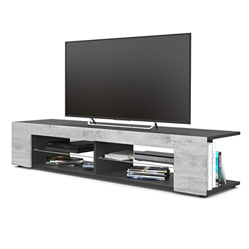 Vladon, Vladon Movie Lowboard, TV Unit with 4 Open Compartments and Panels, Black matt/Concrete Grey Oxide (134 x 29 x 39 cm)