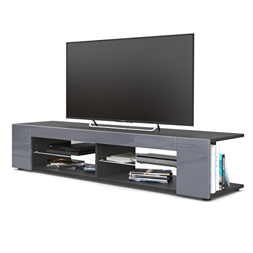 Vladon, Vladon Movie Lowboard, TV Unit with 4 Open Compartments and Panels, Black matt/Grey High Gloss (134 x 29 x 39 cm)