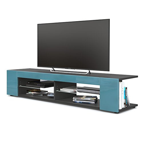 Vladon, Vladon Movie Lowboard, TV Unit with 4 Open Compartments and Panels, Black matt/Teal High Gloss (134 x 29 x 39 cm)