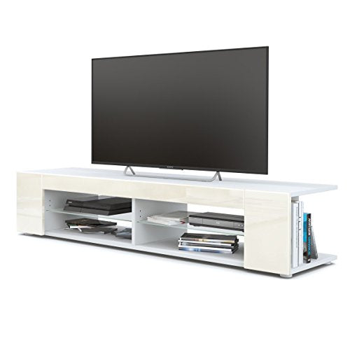 Vladon, Vladon Movie Lowboard, TV Unit with 4 Open Compartments and Panels, White matt/Cream High Gloss (134 x 29 x 39 cm)