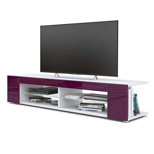 Vladon, Vladon Movie Lowboard, TV Unit with 4 Open Compartments and Panels, White matt/Raspberry High Gloss (134 x 29 x 39 cm)