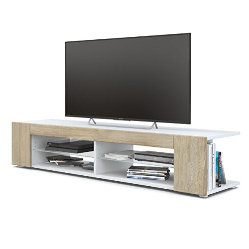Vladon, Vladon Movie Lowboard, TV Unit with 4 Open Compartments and Panels, White matt/Rough-sawn Oak (134 x 29 x 39 cm)