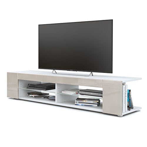 Vladon, Vladon Movie Lowboard, TV Unit with 4 Open Compartments and Panels, White matt/Sand grey High Gloss (134 x 29 x 39 cm)