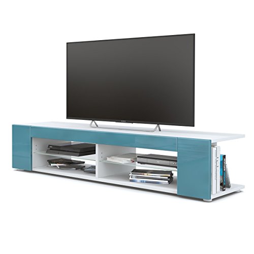Vladon, Vladon Movie Lowboard, TV Unit with 4 Open Compartments and Panels, White matt/Teal High Gloss (134 x 29 x 39 cm)
