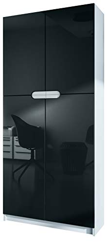 Vladon, Vladon Office furniture Storage Cabinet Cupboard Logan, Carcass in White matt/Fronts in Black High Gloss