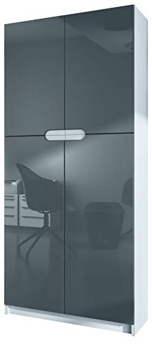 Vladon, Vladon Office furniture Storage Cabinet Cupboard Logan, Carcass in White matt/Fronts in Grey High Gloss