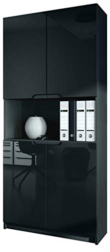 Vladon, Vladon Office furniture Storage Cabinet Cupboard Logan V2, Carcass in Black matt/Fronts in Black High Gloss