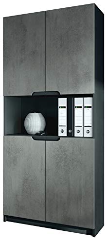 Vladon, Vladon Office furniture Storage Cabinet Cupboard Logan V2, Carcass in Black matt/Fronts in Concrete Dark Grey