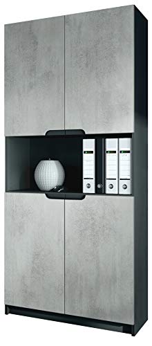 Vladon, Vladon Office furniture Storage Cabinet Cupboard Logan V2, Carcass in Black matt/Fronts in Concrete Grey Oxid