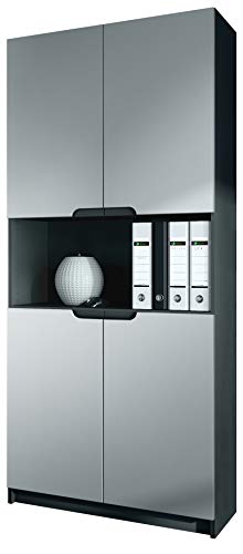 Vladon, Vladon Office furniture Storage Cabinet Cupboard Logan V2, Carcass in Black matt/Fronts in Light Grey satin-finished