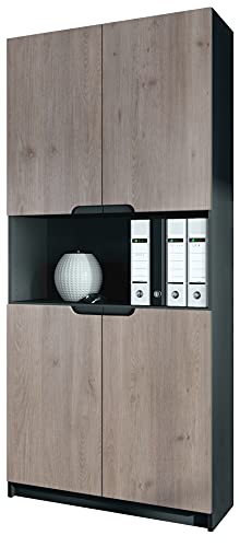 Vladon, Vladon Office furniture Storage Cabinet Cupboard Logan V2, Carcass in Black matt/Fronts in Oak Nordic