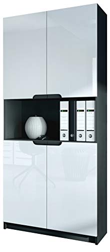 Vladon, Vladon Office furniture Storage Cabinet Cupboard Logan V2, Carcass in Black matt/Fronts in White High Gloss