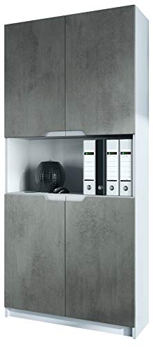 Vladon, Vladon Office furniture Storage Cabinet Cupboard Logan V2, Carcass in White matt/Fronts in Concrete Dark Grey