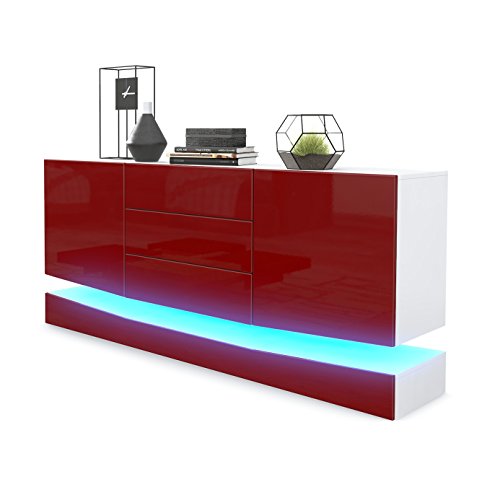 Vladon, Vladon Sideboard Cabinet City, Carcass in White matt/Front in Bordeaux High Gloss with LED lighting