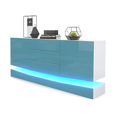 Vladon, Vladon Sideboard Cabinet City, Carcass in White matt/Front in Teal High Gloss with LED lighting