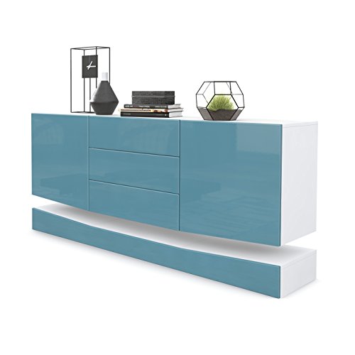 Vladon, Vladon Sideboard Cabinet City, Carcass in White matt/Front in Teal High Gloss
