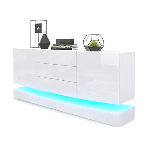 Vladon, Vladon Sideboard Cabinet City, Carcass in White matt/Front in White High Gloss with LED lighting
