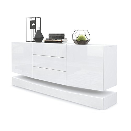 Vladon, Vladon Sideboard Cabinet City, Carcass in White matt/Front in White High Gloss