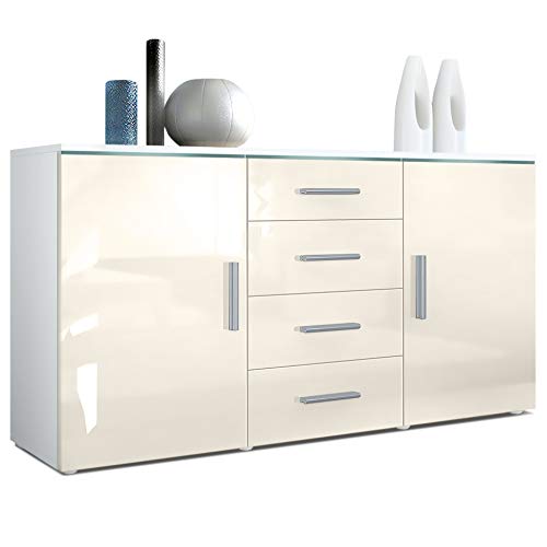 Vladon, Vladon Sideboard Chest of Drawers Faro, Carcass in White matt/Fronts in Cream High Gloss