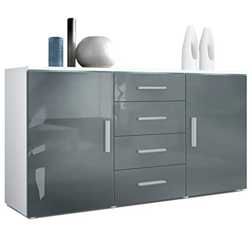 Vladon, Vladon Sideboard Chest of Drawers Faro, Carcass in White matt/Fronts in Grey High Gloss