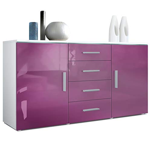 Vladon, Vladon Sideboard Chest of Drawers Faro, Carcass in White matt/Fronts in Raspberry High Gloss