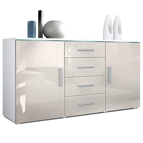 Vladon, Vladon Sideboard Chest of Drawers Faro, Carcass in White matt/Fronts in Sand grey High Gloss