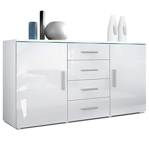 Vladon, Vladon Sideboard Chest of Drawers Faro, Carcass in White matt/Fronts in White High Gloss