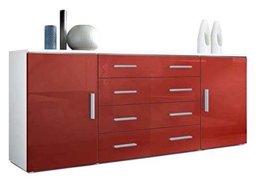 Vladon, Vladon Sideboard Chest of Drawers Faro V2, Carcass in White matt/Fronts in Bordeaux High Gloss
