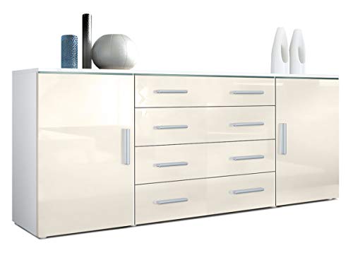 Vladon, Vladon Sideboard Chest of Drawers Faro V2, Carcass in White matt/Fronts in Cream High Gloss