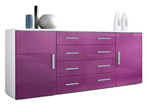 Vladon, Vladon Sideboard Chest of Drawers Faro V2, Carcass in White matt/Fronts in Raspberry High Gloss