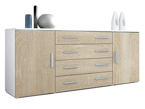 Vladon, Vladon Sideboard Chest of Drawers Faro V2, Carcass in White matt/Fronts in Rough-sawn Oak