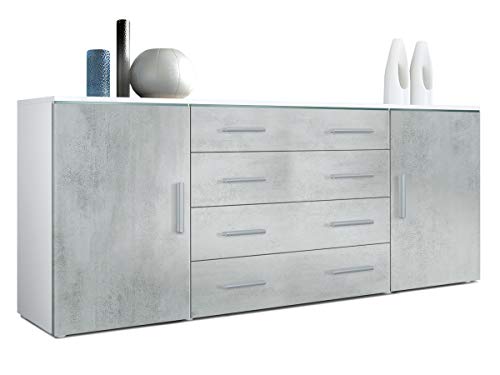 Vladon, Vladon Sideboard Chest of Drawers Faro V2 in White matt/Fronts in Concrete Grey Oxide