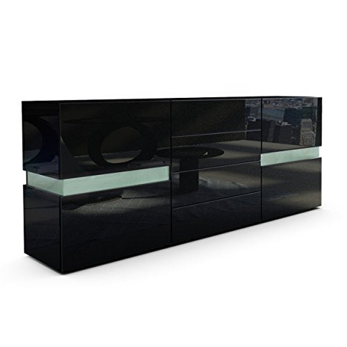 Vladon, Vladon Sideboard Chest of Drawers Flow, Carcass in Black High Gloss/Front in Black High Gloss