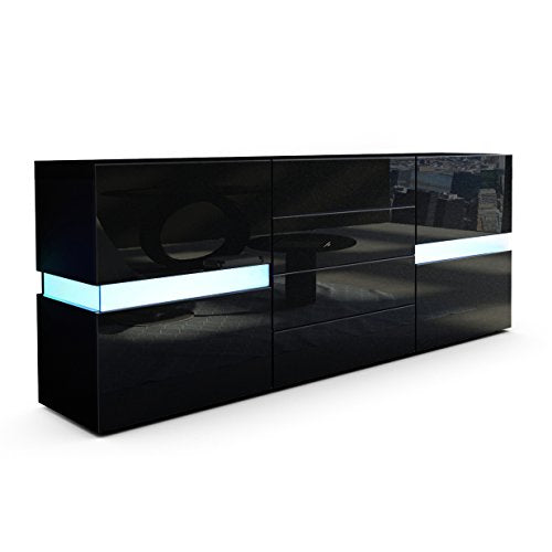 Vladon, Vladon Sideboard Chest of Drawers Flow, Carcass in Black matt/Front in Black High Gloss with LED Lights