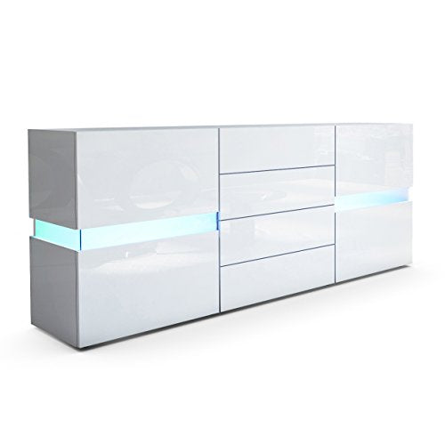 Vladon, Vladon Sideboard Chest of Drawers Flow, Carcass in White High Gloss/Front in White High Gloss with LED Lights